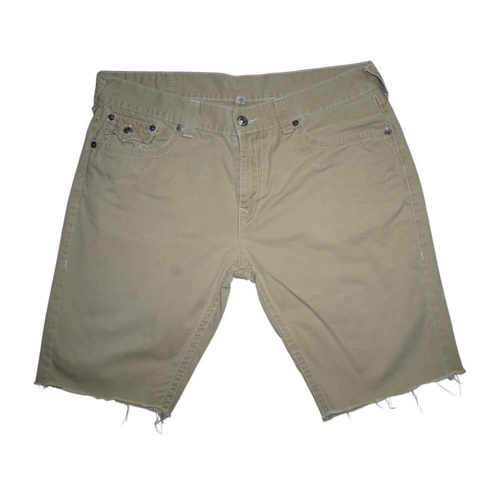 True Religion Men’s Straight Cutoff Shorts Khaki Tan Denim Size 40